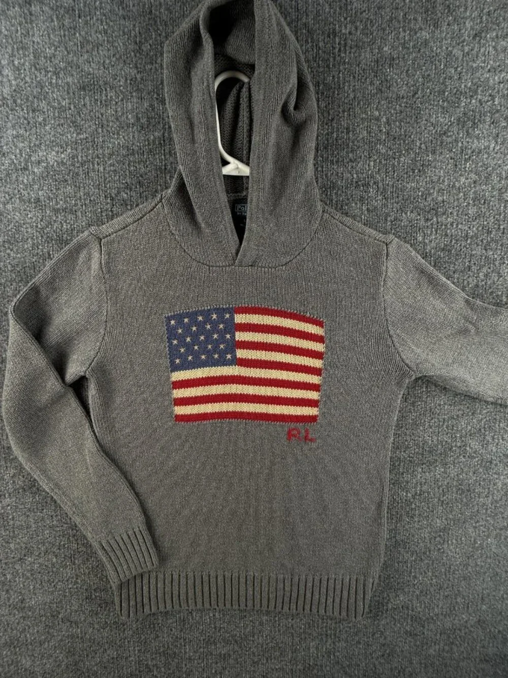 Polo Ralph Lauren USA Flag Hooded Sweater Graphic Large 14-16 Gray Preppy Boys